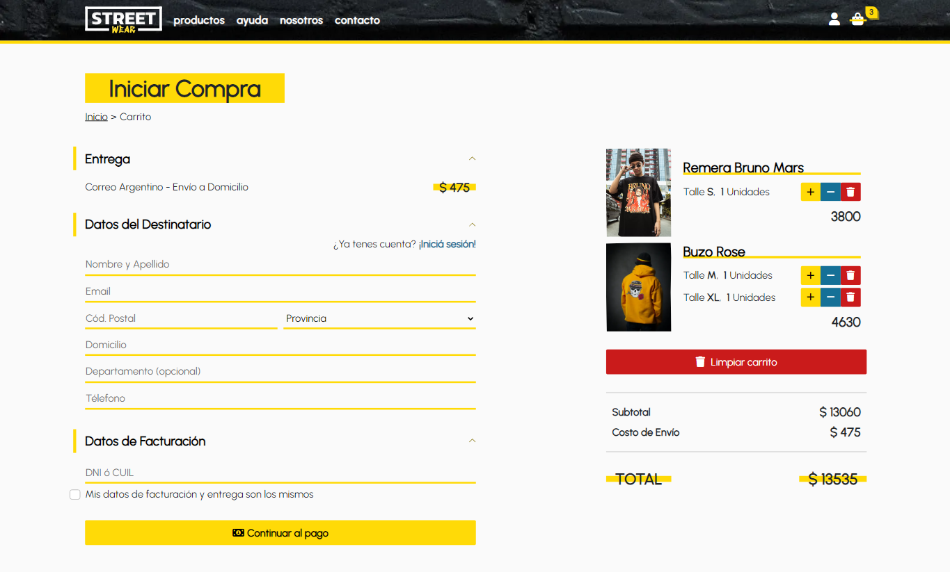 Pagina de Carrito de Compras del sitio web STREET WEAR