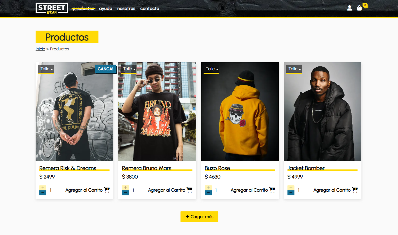 Pagina de Productos del sitio web STREET WEAR